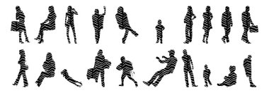 Vektör siluetleri, insanların ana hatları, Contour çizimleri, insanların siluetleri, ikon kümesi izole edilmiş, oturan insanların silueti, mimari set