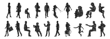 Vektör siluetleri, insanların ana hatları, Contour çizimleri, insanların siluetleri, ikon kümesi izole edilmiş, oturan insanların silueti, mimari set