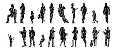 Vektör siluetleri, insanların ana hatları, Contour çizimleri, insanların siluetleri, ikon kümesi izole edilmiş, oturan insanların silueti, mimari set