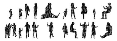 Vektör siluetleri, insanların ana hatları, Contour çizimleri, insanların siluetleri, ikon kümesi izole edilmiş, oturan insanların silueti, mimari set