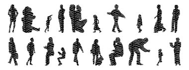 Vektör siluetleri, insanların ana hatları, Contour çizimleri, insanların siluetleri, ikon kümesi izole edilmiş, oturan insanların silueti, mimari set