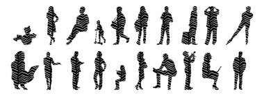 Vektör siluetleri, insanların ana hatları, Contour çizimleri, insanların siluetleri, ikon kümesi izole edilmiş, oturan insanların silueti, mimari set