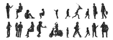 Vektör siluetleri, insanların ana hatları, Contour çizimleri, insanların siluetleri, ikon kümesi izole edilmiş, oturan insanların silueti, mimari set