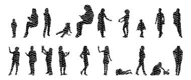 Vektör siluetleri, insanların ana hatları, Contour çizimleri, insanların siluetleri, ikon kümesi izole edilmiş, oturan insanların silueti, mimari set