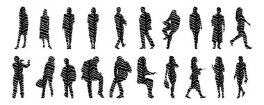 Vektör siluetleri, insanların ana hatları, Contour çizimleri, insanların siluetleri, ikon kümesi izole edilmiş, oturan insanların silueti, mimari set