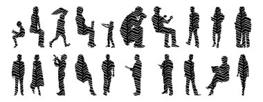 Vektör siluetleri, insanların ana hatları, Contour çizimleri, insanların siluetleri, ikon kümesi izole edilmiş, oturan insanların silueti, mimari set