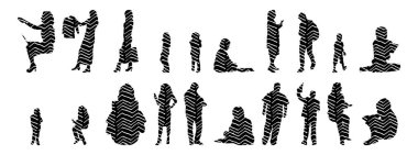 Vektör siluetleri, insanların ana hatları, Contour çizimleri, insanların siluetleri, ikon kümesi izole edilmiş, oturan insanların silueti, mimari set