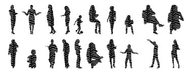 Vektör siluetleri, insanların ana hatları, Contour çizimleri, insanların siluetleri, ikon kümesi izole edilmiş, oturan insanların silueti, mimari set