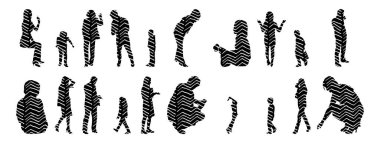 Vektör siluetleri, insanların ana hatları, Contour çizimleri, insanların siluetleri, ikon kümesi izole edilmiş, oturan insanların silueti, mimari set