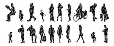 Vektör siluetleri, insanların ana hatları, Contour çizimleri, insanların siluetleri, ikon kümesi izole edilmiş, oturan insanların silueti, mimari set