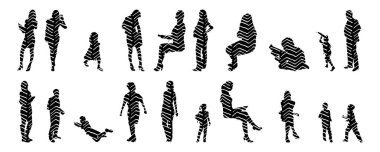 Vektör siluetleri, insanların ana hatları, Contour çizimleri, insanların siluetleri, ikon kümesi izole edilmiş, oturan insanların silueti, mimari set