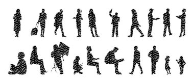 Vektör siluetleri, insanların ana hatları, Contour çizimleri, insanların siluetleri, ikon kümesi izole edilmiş, oturan insanların silueti, mimari set