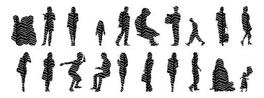 Vektör siluetleri, insanların ana hatları, Contour çizimleri, insanların siluetleri, ikon kümesi izole edilmiş, oturan insanların silueti, mimari set