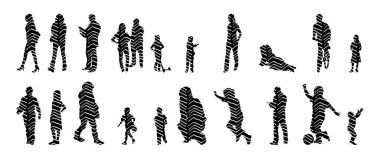 Vektör siluetleri, insanların ana hatları, Contour çizimleri, insanların siluetleri, ikon kümesi izole edilmiş, oturan insanların silueti, mimari set