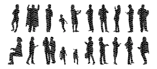 Vektör siluetleri, insanların ana hatları, Contour çizimleri, insanların siluetleri, ikon kümesi izole edilmiş, oturan insanların silueti, mimari set