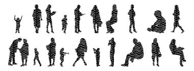 Vektör siluetleri, insanların ana hatları, Contour çizimleri, insanların siluetleri, ikon kümesi izole edilmiş, oturan insanların silueti, mimari set