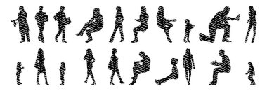 Vektör siluetleri, insanların ana hatları, Contour çizimleri, insanların siluetleri, ikon kümesi izole edilmiş, oturan insanların silueti, mimari set