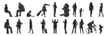 Vektör siluetleri, insanların ana hatları, Contour çizimleri, insanların siluetleri, ikon kümesi izole edilmiş, oturan insanların silueti, mimari set