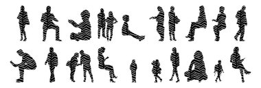 Vektör siluetleri, insanların ana hatları, Contour çizimleri, insanların siluetleri, ikon kümesi izole edilmiş, oturan insanların silueti, mimari set