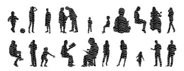 Vektör siluetleri, insanların ana hatları, Contour çizimleri, insanların siluetleri, ikon kümesi izole edilmiş, oturan insanların silueti, mimari set