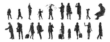 Vektör siluetleri, insanların ana hatları, Contour çizimleri, insanların siluetleri, ikon kümesi izole edilmiş, oturan insanların silueti, mimari set