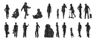 Vektör siluetleri, insanların ana hatları, Contour çizimleri, insanların siluetleri, ikon kümesi izole edilmiş, oturan insanların silueti, mimari set