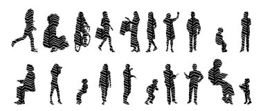 Vektör siluetleri, insanların ana hatları, Contour çizimleri, insanların siluetleri, ikon kümesi izole edilmiş, oturan insanların silueti, mimari set