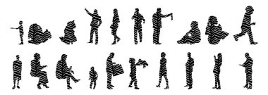 Vektör siluetleri, insanların ana hatları, Contour çizimleri, insanların siluetleri, ikon kümesi izole edilmiş, oturan insanların silueti, mimari set