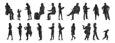 Vektör siluetleri, insanların ana hatları, Contour çizimleri, insanların siluetleri, ikon kümesi izole edilmiş, oturan insanların silueti, mimari set