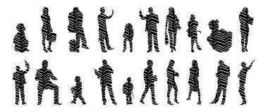 Vektör siluetleri, insanların ana hatları, Contour çizimleri, insanların siluetleri, ikon kümesi izole edilmiş, oturan insanların silueti, mimari set