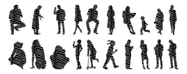 Vektör siluetleri, insanların ana hatları, Contour çizimleri, insanların siluetleri, ikon kümesi izole edilmiş, oturan insanların silueti, mimari set