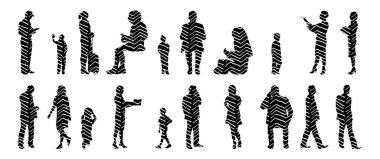 Vektör siluetleri, insanların ana hatları, Contour çizimleri, insanların siluetleri, ikon kümesi izole edilmiş, oturan insanların silueti, mimari set