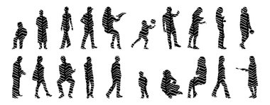 Vektör siluetleri, insanların ana hatları, Contour çizimleri, insanların siluetleri, ikon kümesi izole edilmiş, oturan insanların silueti, mimari set