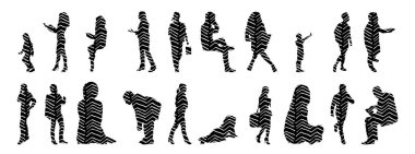 Vektör siluetleri, insanların ana hatları, Contour çizimleri, insanların siluetleri, ikon kümesi izole edilmiş, oturan insanların silueti, mimari set