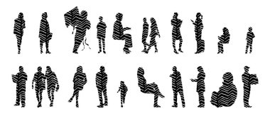 Vektör siluetleri, insanların ana hatları, Contour çizimleri, insanların siluetleri, ikon kümesi izole edilmiş, oturan insanların silueti, mimari set