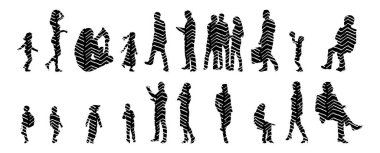 Vektör siluetleri, insanların ana hatları, Contour çizimleri, insanların siluetleri, ikon kümesi izole edilmiş, oturan insanların silueti, mimari set