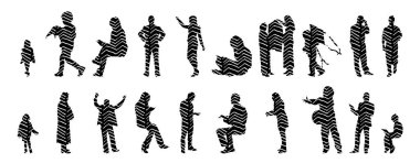 Vektör siluetleri, insanların ana hatları, Contour çizimleri, insanların siluetleri, ikon kümesi izole edilmiş, oturan insanların silueti, mimari set