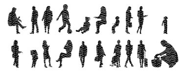 Vektör siluetleri, insanların ana hatları, Contour çizimleri, insanların siluetleri, ikon kümesi izole edilmiş, oturan insanların silueti, mimari set