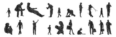 Vektör siluetleri, insanların ana hatları, Contour çizimleri, insanların siluetleri, ikon kümesi izole edilmiş, oturan insanların silueti, mimari set