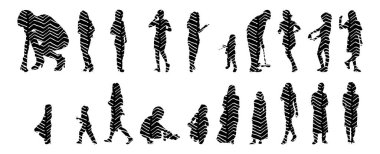 Vektör siluetleri, insanların ana hatları, Contour çizimleri, insanların siluetleri, ikon kümesi izole edilmiş, oturan insanların silueti, mimari set