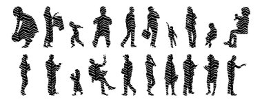 Vektör siluetleri, insanların ana hatları, Contour çizimleri, insanların siluetleri, ikon kümesi izole edilmiş, oturan insanların silueti, mimari set