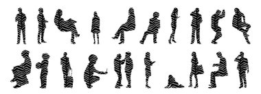 Vektör siluetleri, insanların ana hatları, Contour çizimleri, insanların siluetleri, ikon kümesi izole edilmiş, oturan insanların silueti, mimari set