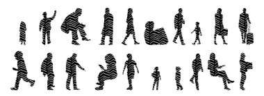 Vektör siluetleri, insanların ana hatları, Contour çizimleri, insanların siluetleri, ikon kümesi izole edilmiş, oturan insanların silueti, mimari set