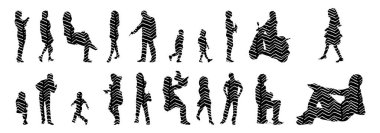 Vektör siluetleri, insanların ana hatları, Contour çizimleri, insanların siluetleri, ikon kümesi izole edilmiş, oturan insanların silueti, mimari set