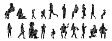 Vektör siluetleri, insanların ana hatları, Contour çizimleri, insanların siluetleri, ikon kümesi izole edilmiş, oturan insanların silueti, mimari set