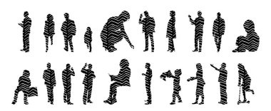 Vektör siluetleri, insanların ana hatları, Contour çizimleri, insanların siluetleri, ikon kümesi izole edilmiş, oturan insanların silueti, mimari set