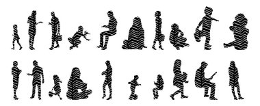 Vektör siluetleri, insanların ana hatları, Contour çizimleri, insanların siluetleri, ikon kümesi izole edilmiş, oturan insanların silueti, mimari set