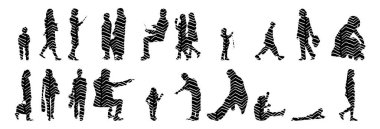 Vektör siluetleri, insanların ana hatları, Contour çizimleri, insanların siluetleri, ikon kümesi izole edilmiş, oturan insanların silueti, mimari set