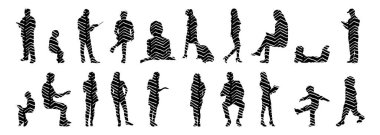 Vektör siluetleri, insanların ana hatları, Contour çizimleri, insanların siluetleri, ikon kümesi izole edilmiş, oturan insanların silueti, mimari set