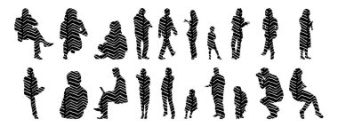 Vektör siluetleri, insanların ana hatları, Contour çizimleri, insanların siluetleri, ikon kümesi izole edilmiş, oturan insanların silueti, mimari set